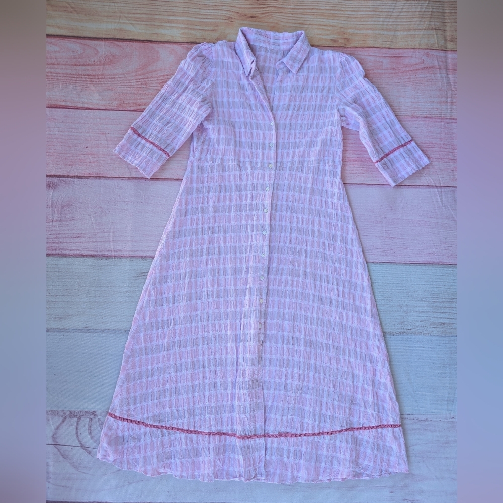 Garrie B Lilac Purple Seersucker Button Front Cotton Midi Shirt Dress M